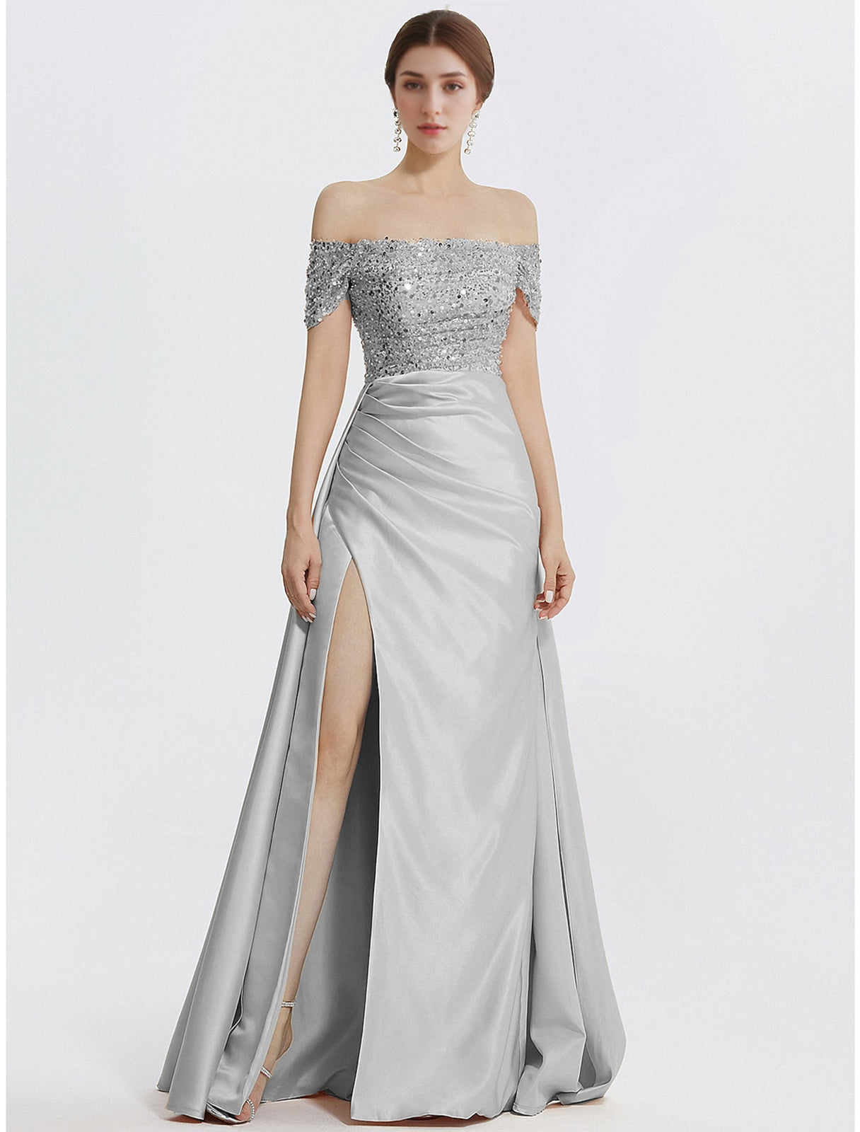 Sheath / Column Evening Gown Elegant Dress Formal Floor Length Short Sleeve Off Shoulder Sequined with Glitter Pleats Slit