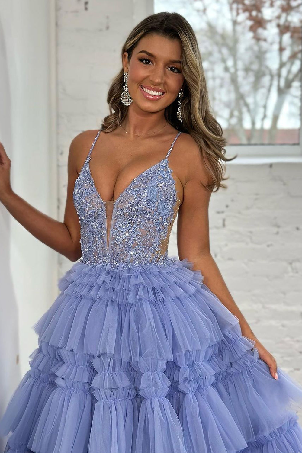 A Line Spaghetti Straps Lace Up Long Ruffle Tulle Prom Dress with Beading