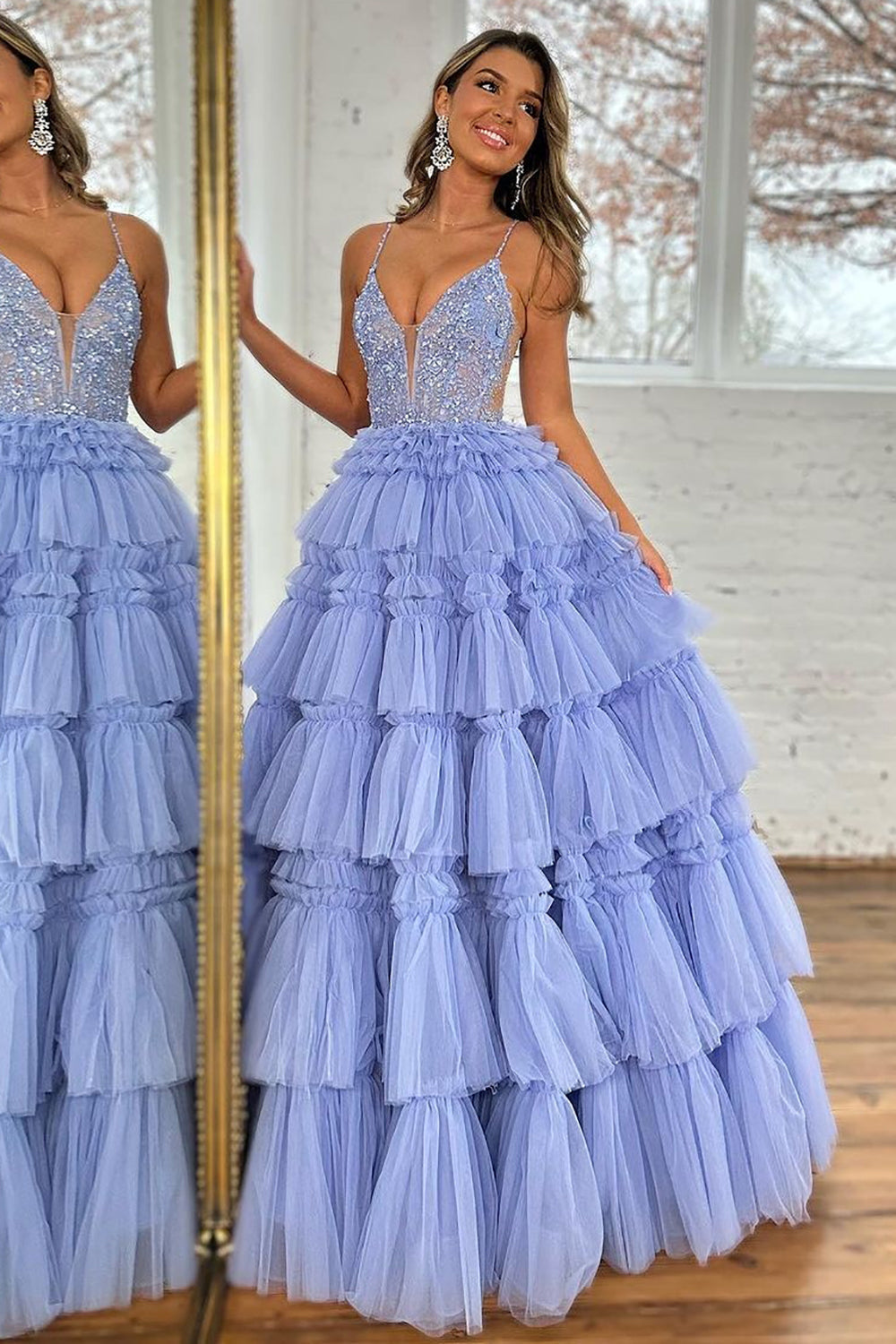 A Line Spaghetti Straps Lace Up Long Ruffle Tulle Prom Dress with Beading
