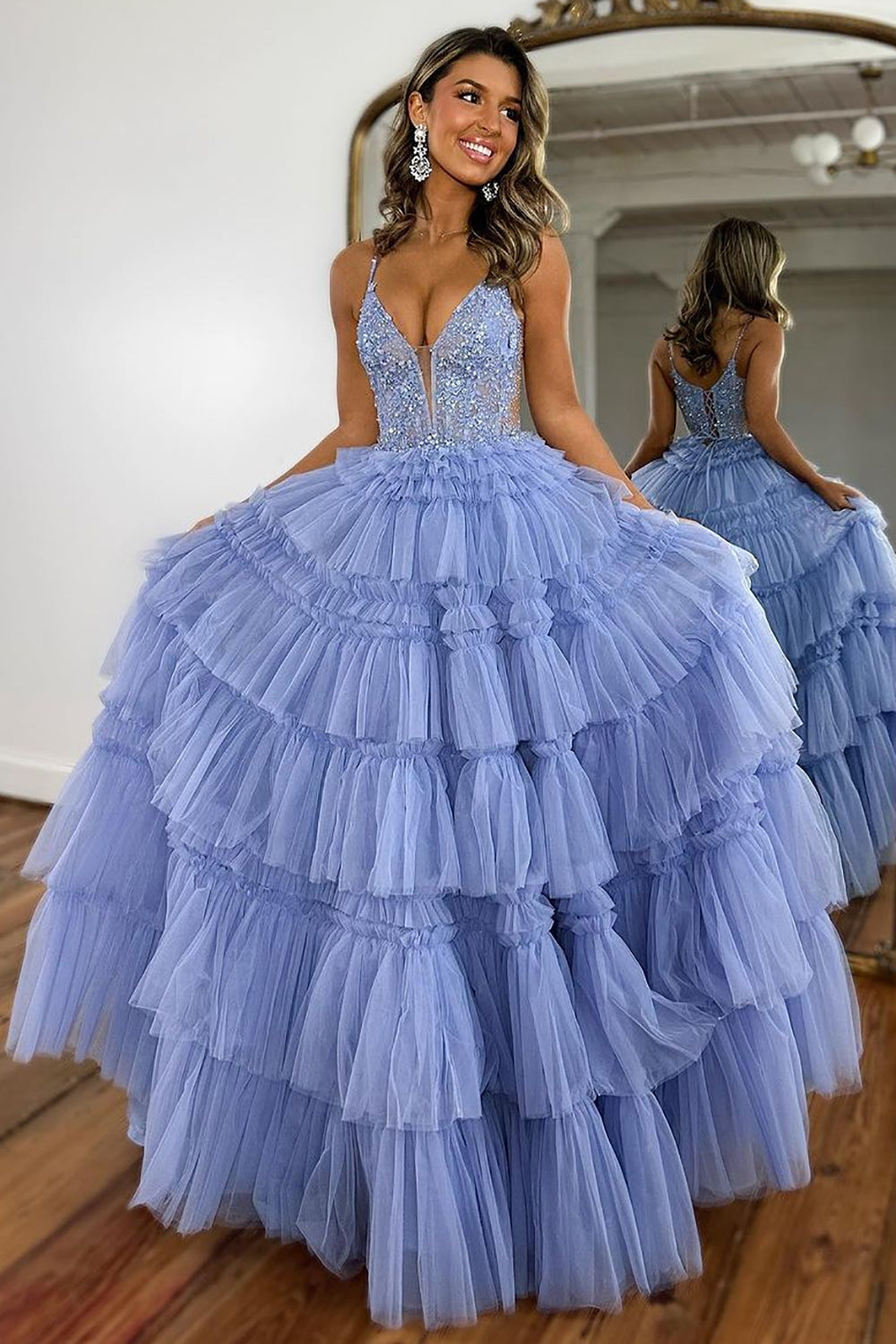 A Line Spaghetti Straps Lace Up Long Ruffle Tulle Prom Dress with Beading