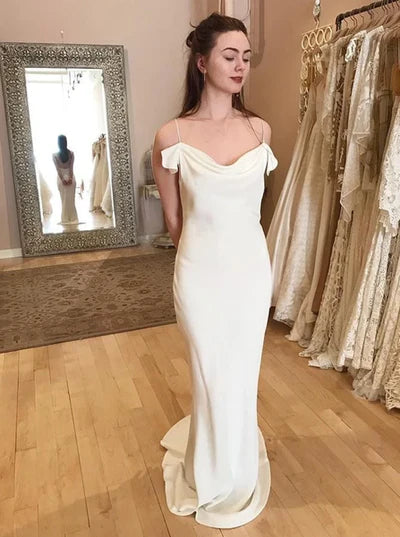 Buyishang White Spaghetti Straps Long Sheath Satin Wedding Dresses