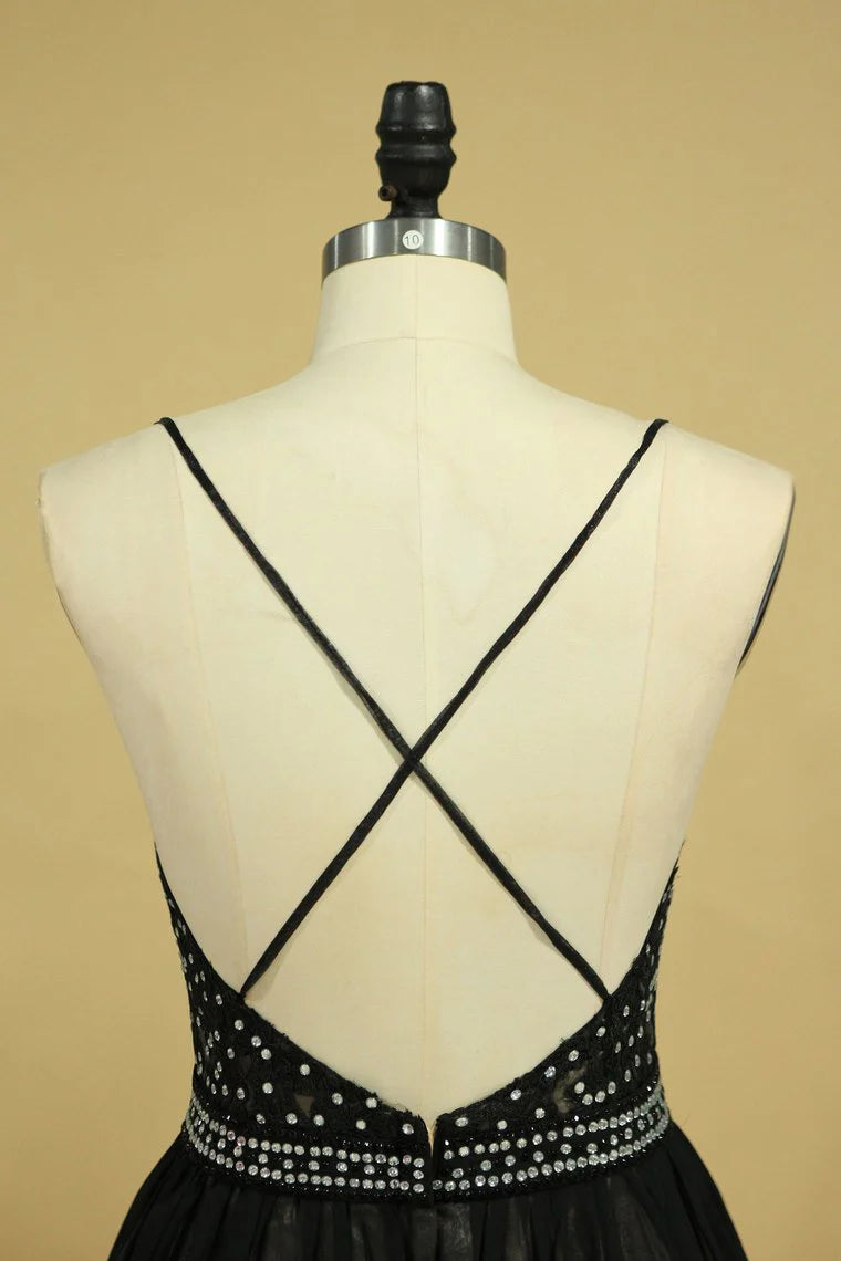 Spaghetti Straps Open Back Party Dresses Chiffon With Applique And Beads