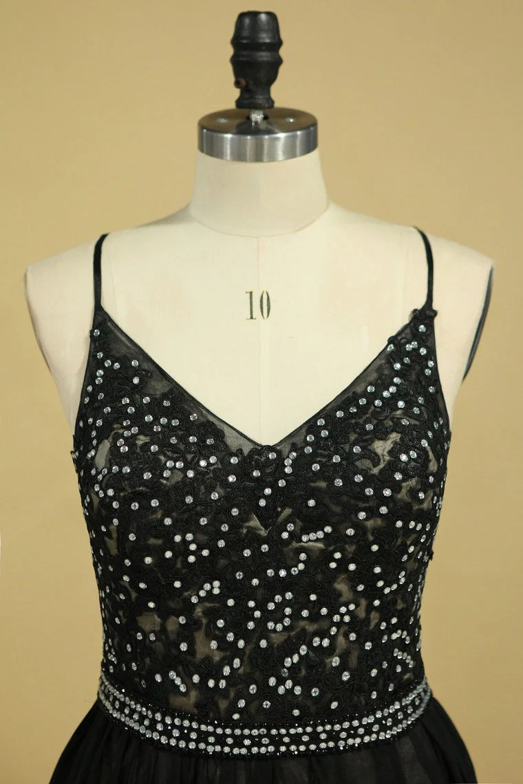 Spaghetti Straps Open Back Party Dresses Chiffon With Applique And Beads