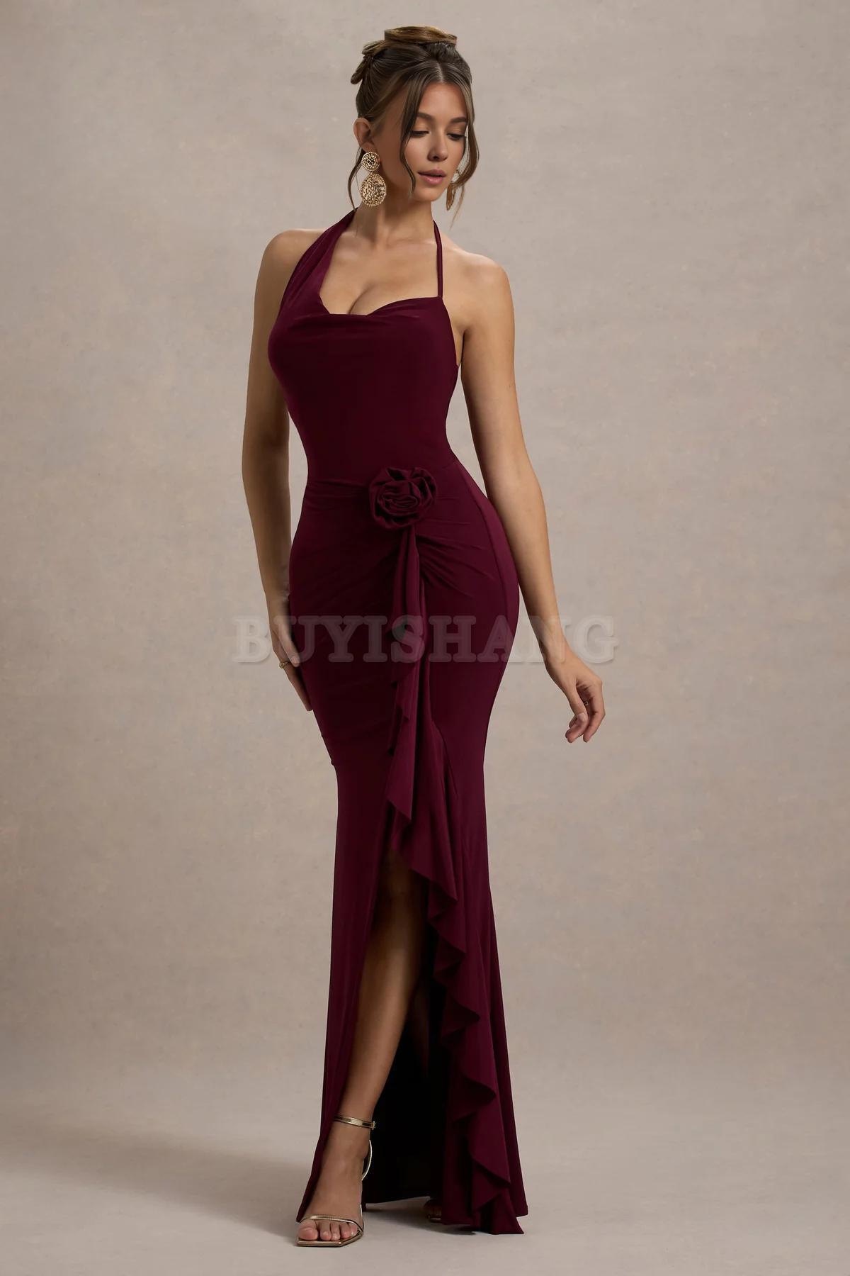 Buyishang Spaghetti Strap Chiffon Long Bridesmaid Dresses Cowl Neck A Line Formal Evening Gowns with Slit Cowl-Neck Wrap Maxi Dress With Floral Drape