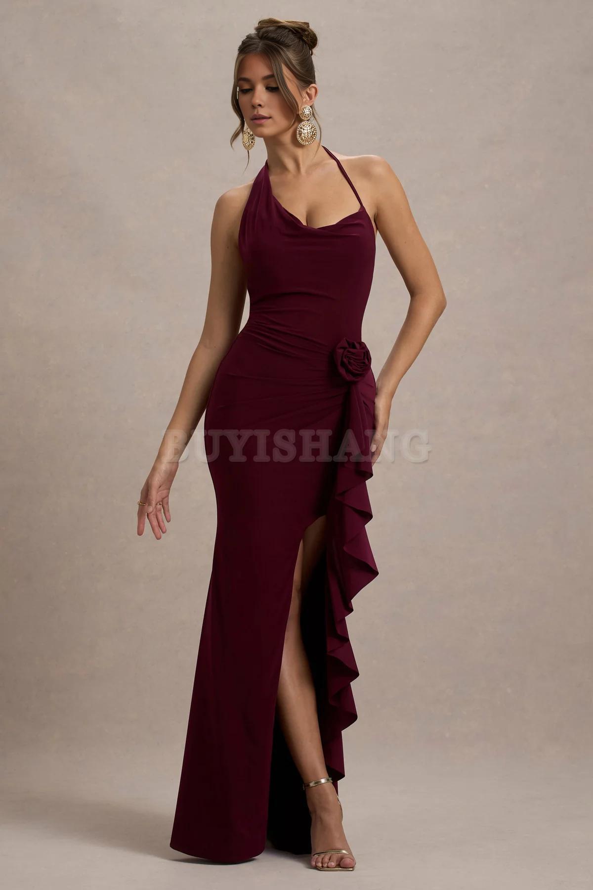 Buyishang Spaghetti Strap Chiffon Long Bridesmaid Dresses Cowl Neck A Line Formal Evening Gowns with Slit Cowl-Neck Wrap Maxi Dress With Floral Drape