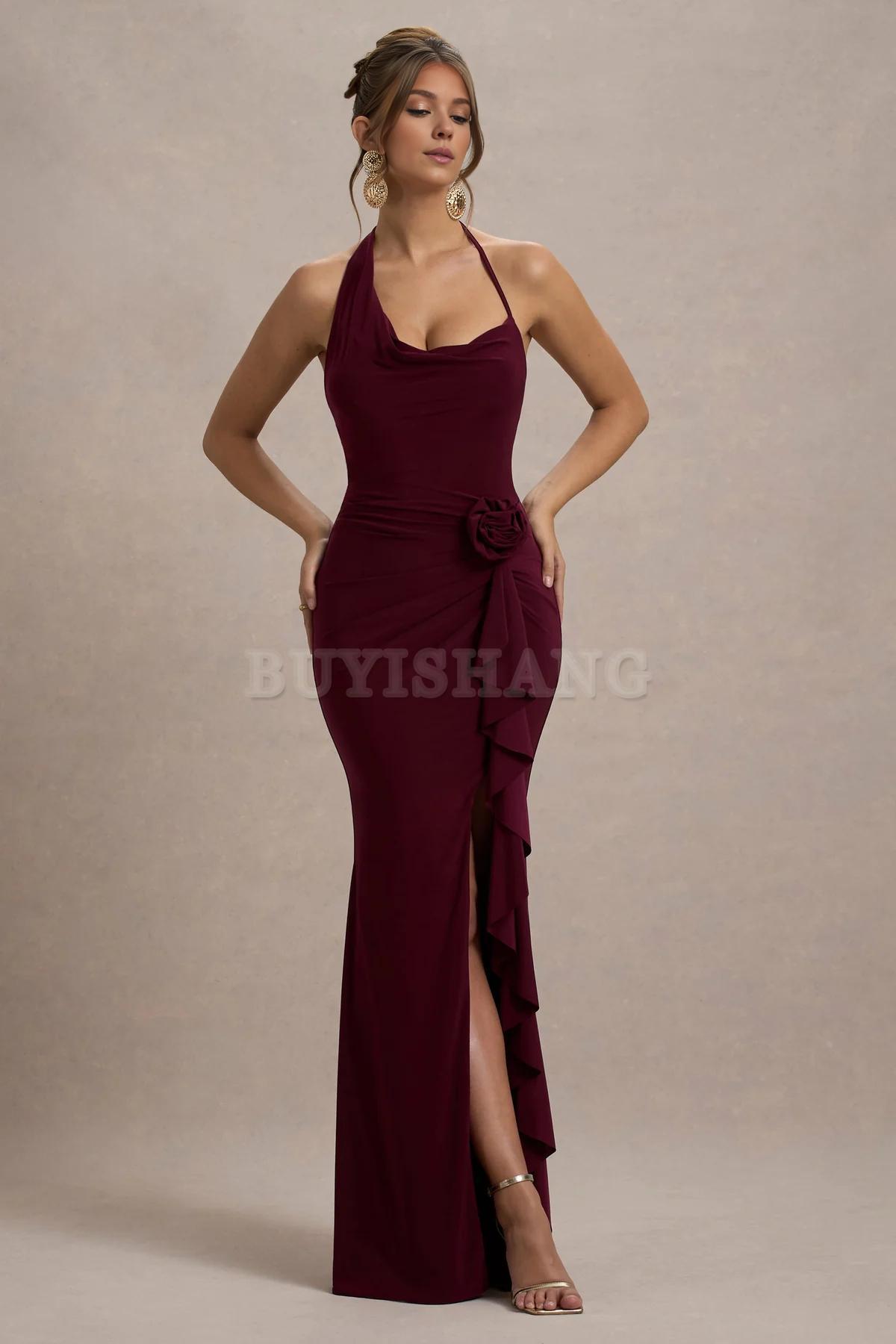 Buyishang Spaghetti Strap Chiffon Long Bridesmaid Dresses Cowl Neck A Line Formal Evening Gowns with Slit Cowl-Neck Wrap Maxi Dress With Floral Drape