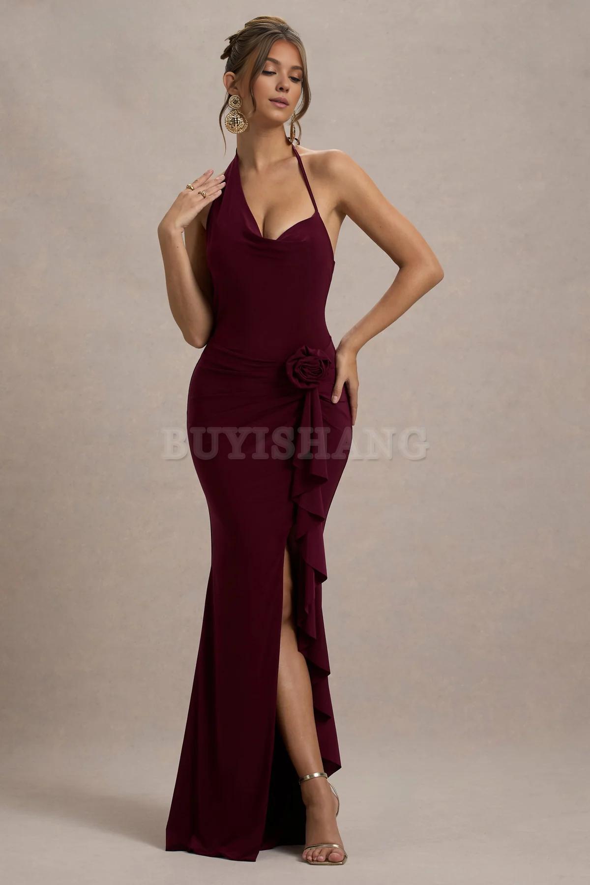 Buyishang Spaghetti Strap Chiffon Long Bridesmaid Dresses Cowl Neck A Line Formal Evening Gowns with Slit Cowl-Neck Wrap Maxi Dress With Floral Drape