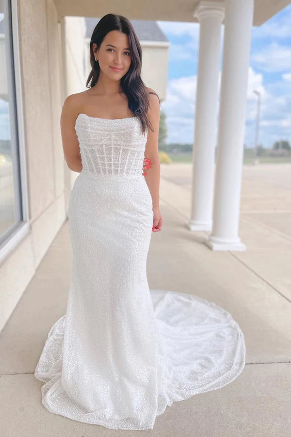 Buyishang Sparkly White Sequins Mermaid Strapless Wedding Dresses