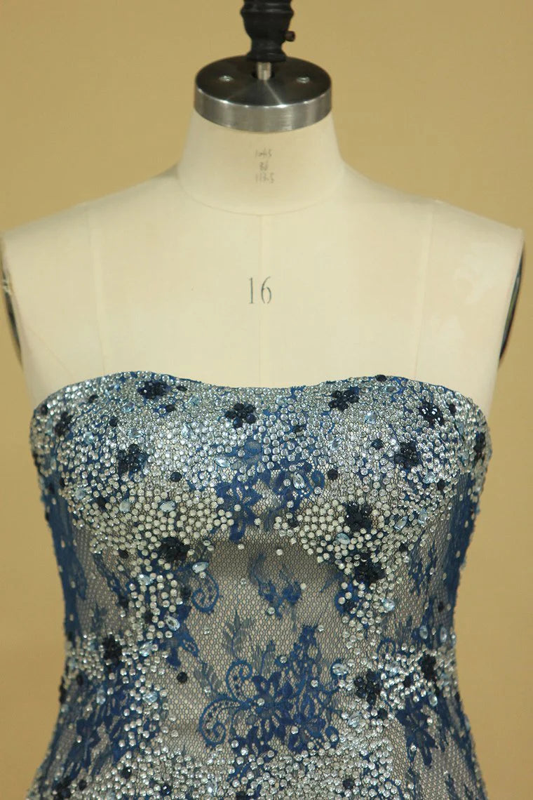 Strapless Mermaid Party Dresses Tulle & Lace With Rhinestones And Beads Plus Size