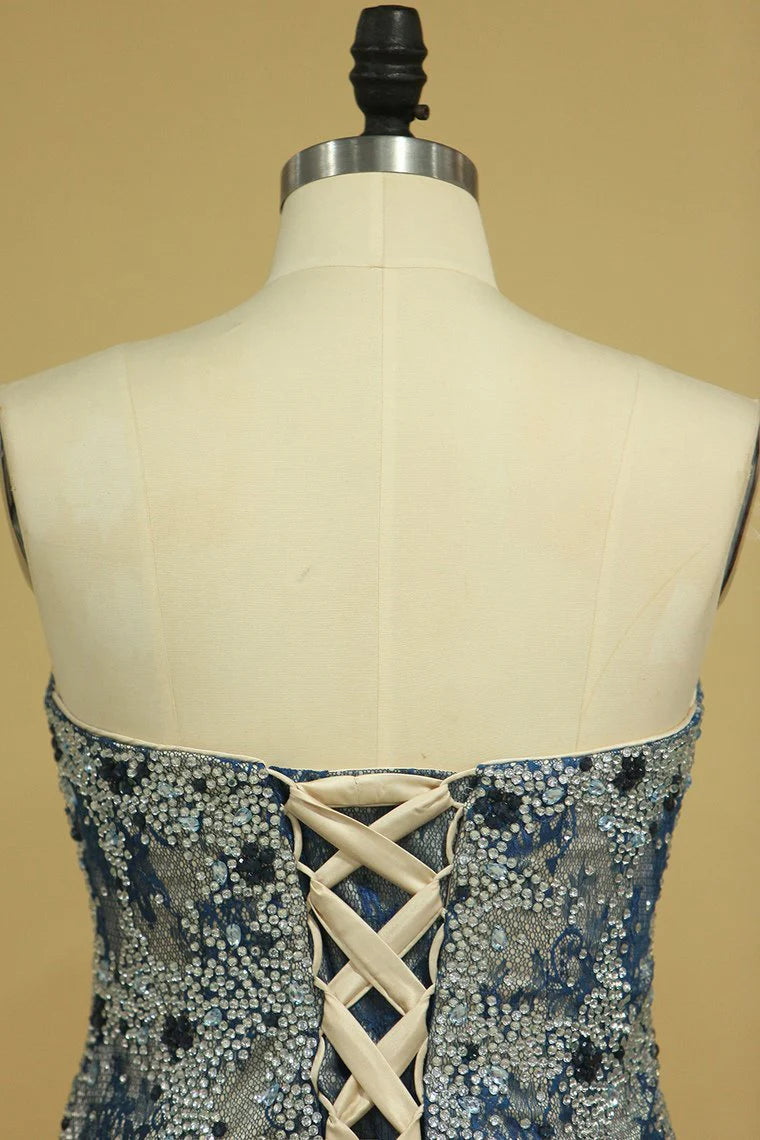 Strapless Mermaid Party Dresses Tulle & Lace With Rhinestones And Beads Plus Size