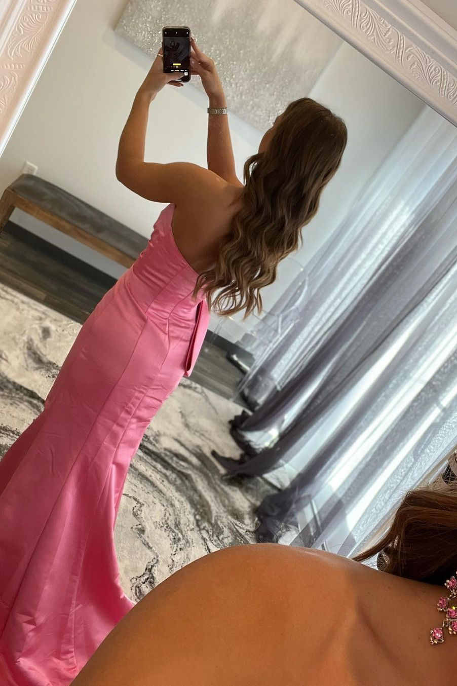 Strapless Satin Floor Length Prom Dresses With Slit Bowknot