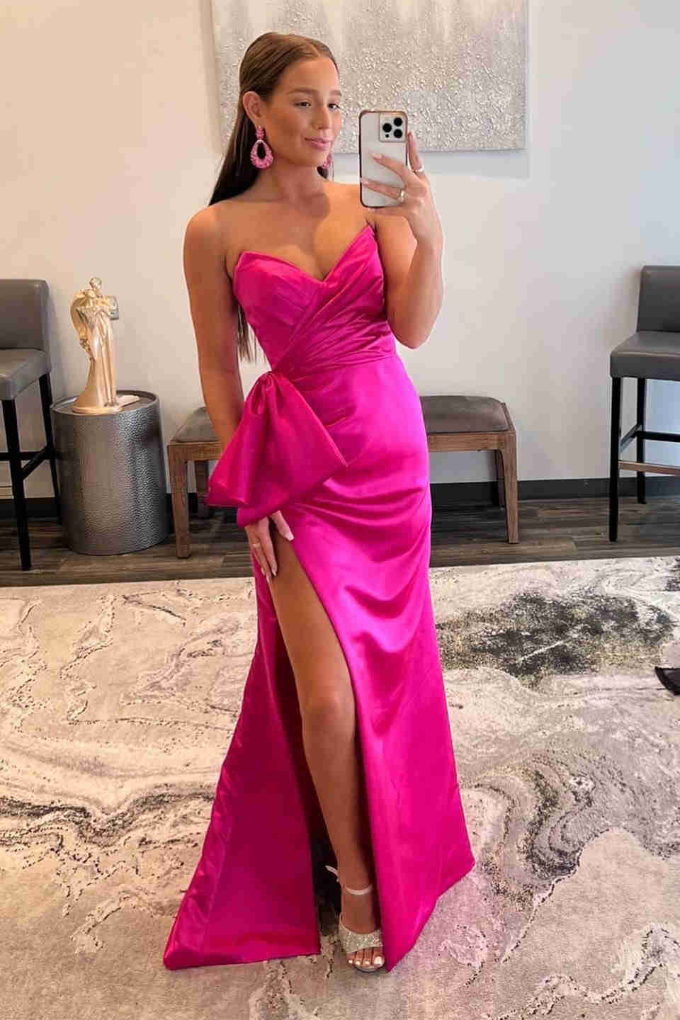 Strapless Satin Floor Length Prom Dresses With Slit Bowknot