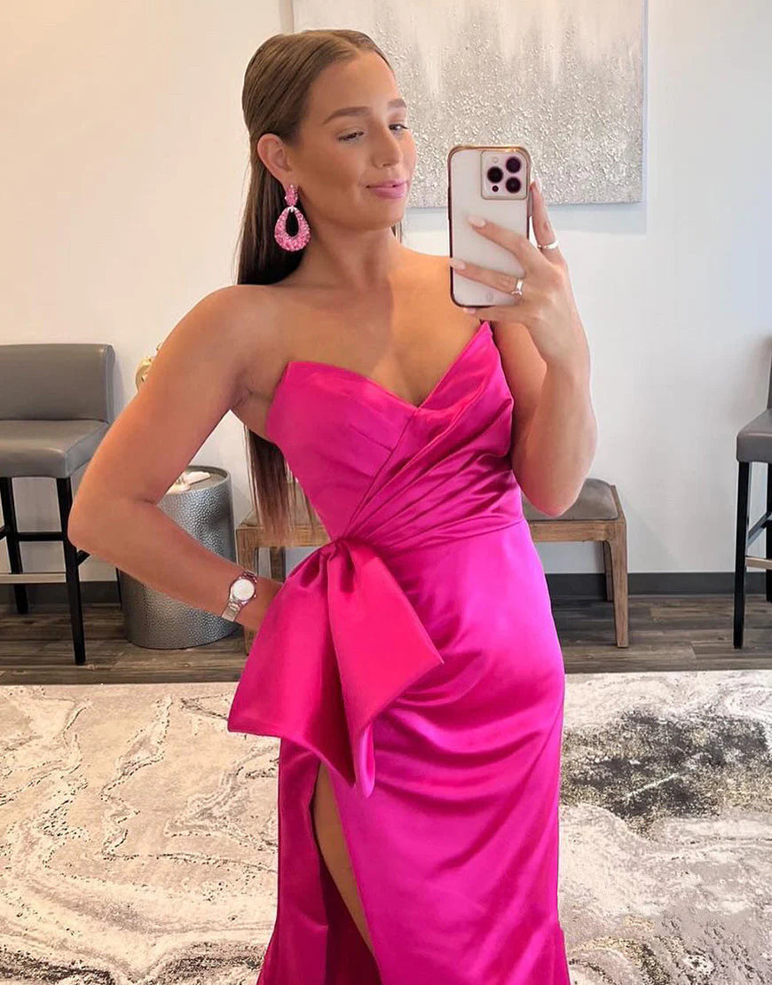 Strapless Satin Floor Length Prom Dresses With Slit Bowknot