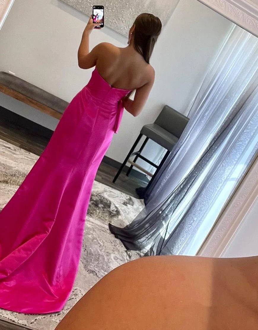 Strapless Satin Floor Length Prom Dresses With Slit Bowknot