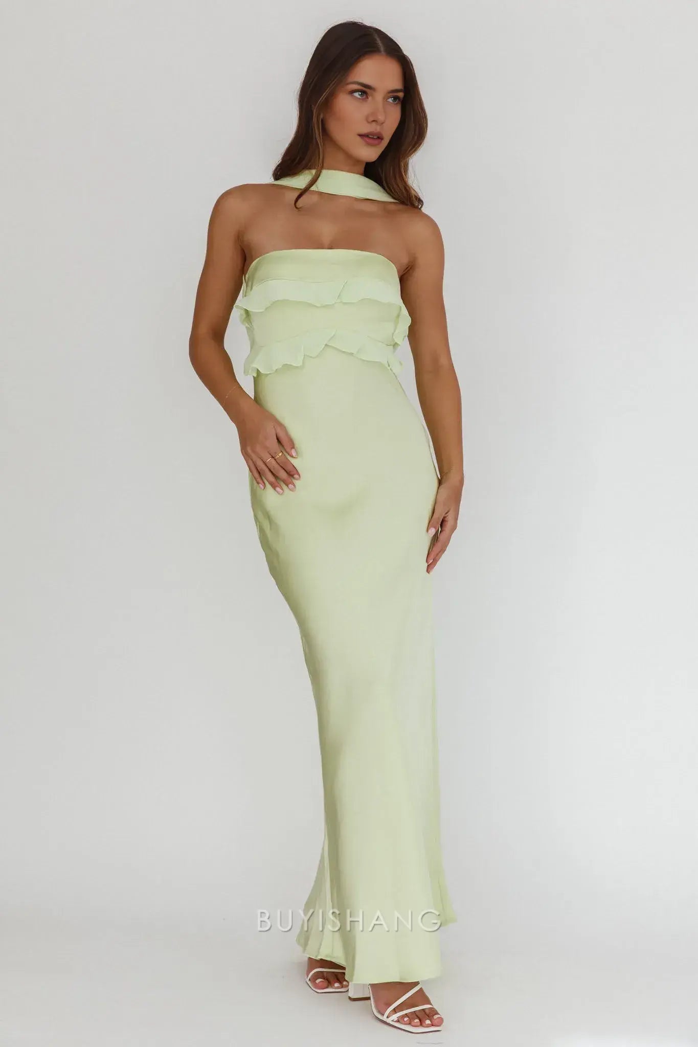 Fashionable Strapless Satin Maxi Dress with Ruffle Detail and Open Back prom dress