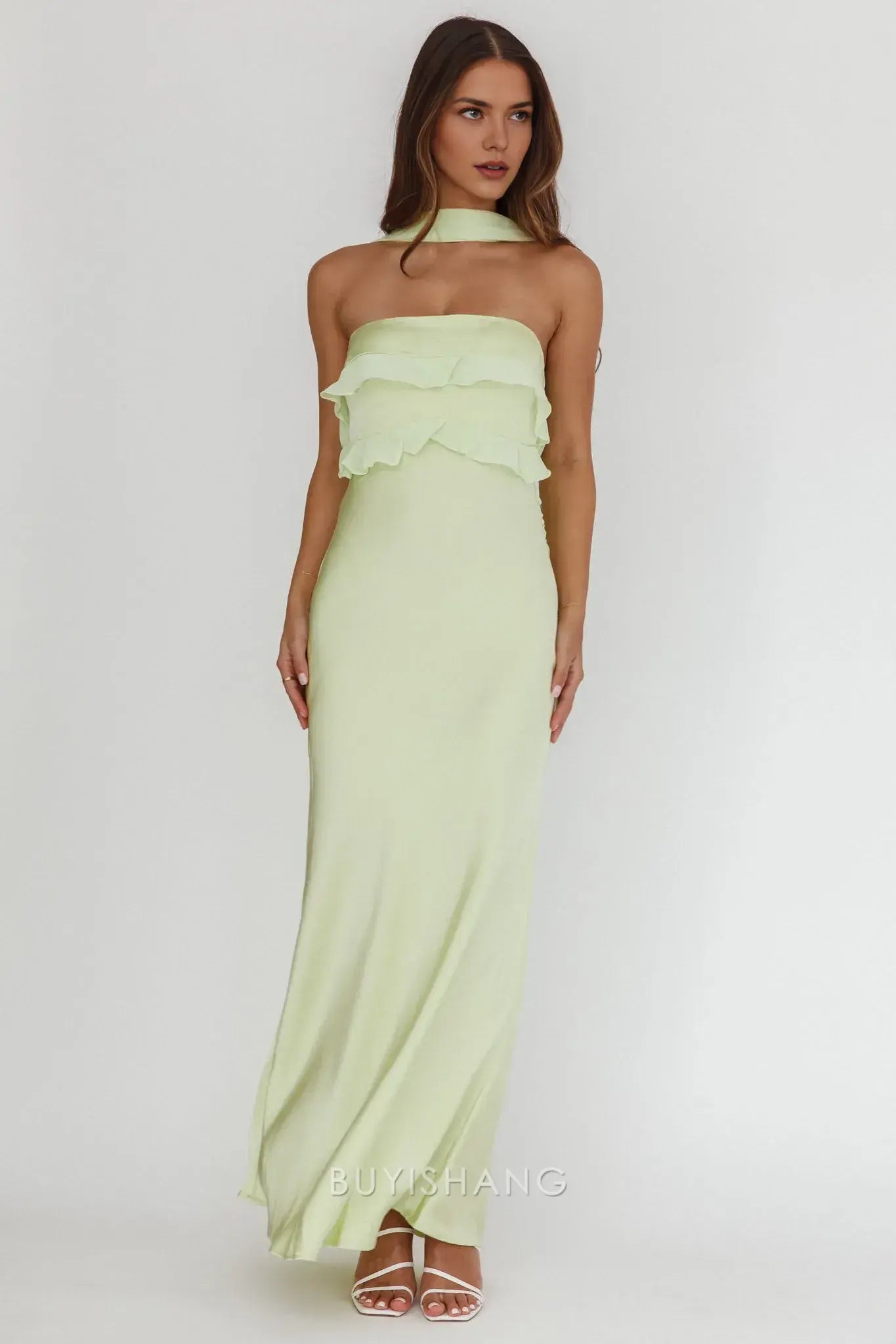 Fashionable Strapless Satin Maxi Dress with Ruffle Detail and Open Back prom dress