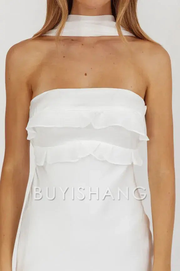 Fashionable Strapless Satin Maxi Dress with Ruffle Detail and Open Back prom dress