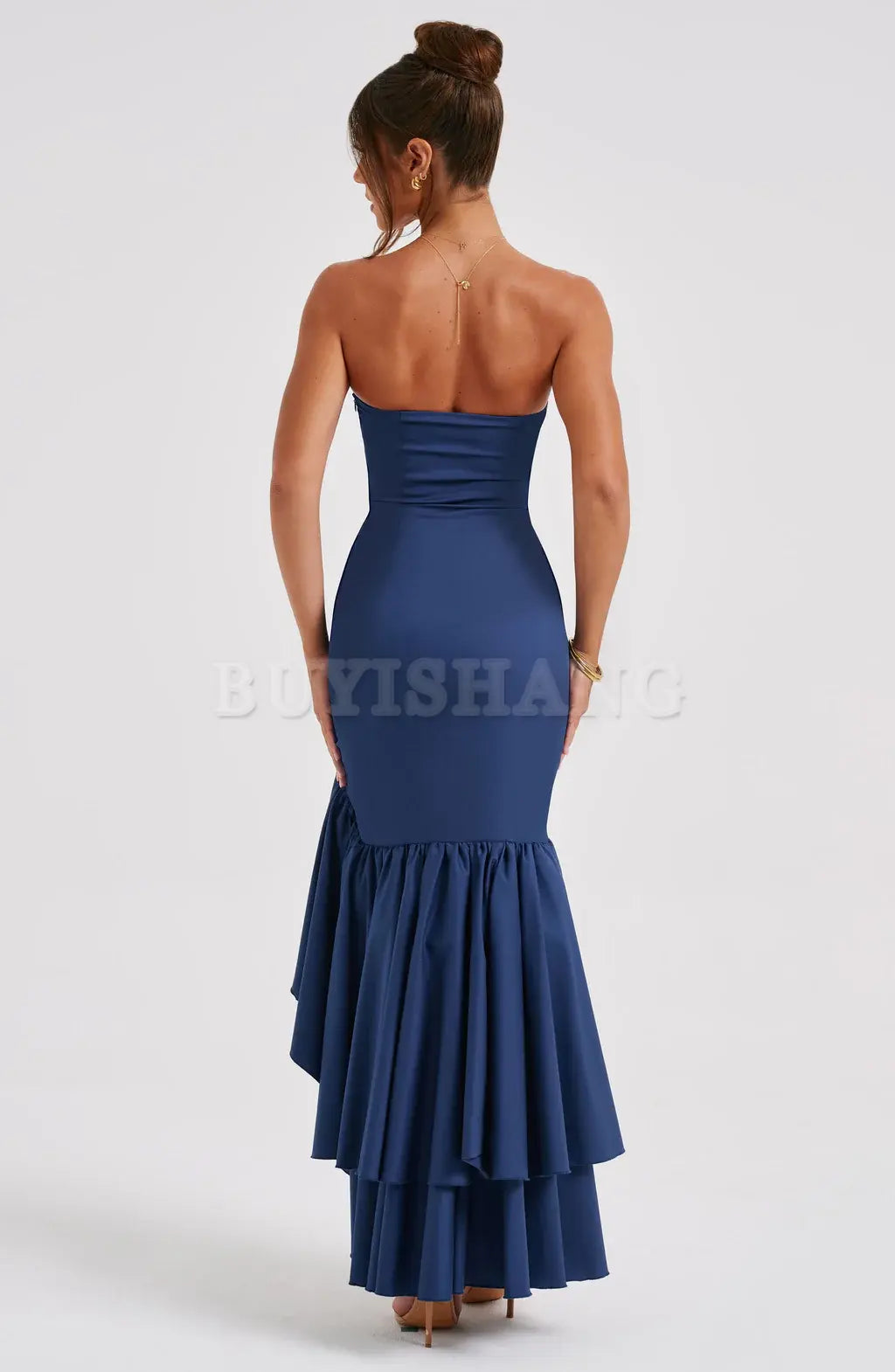 Buyishang Strapless Satin Prom Dress Ruffle Mermaid Wedding Dresses for Bride Long Corset Formal Evening Dresses with Slit