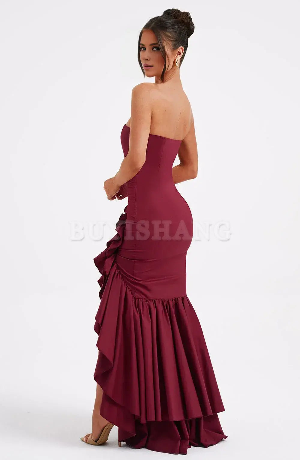 Buyishang Strapless Satin Prom Dress Ruffle Mermaid Wedding Dresses for Bride Long Corset Formal Evening Dresses with Slit