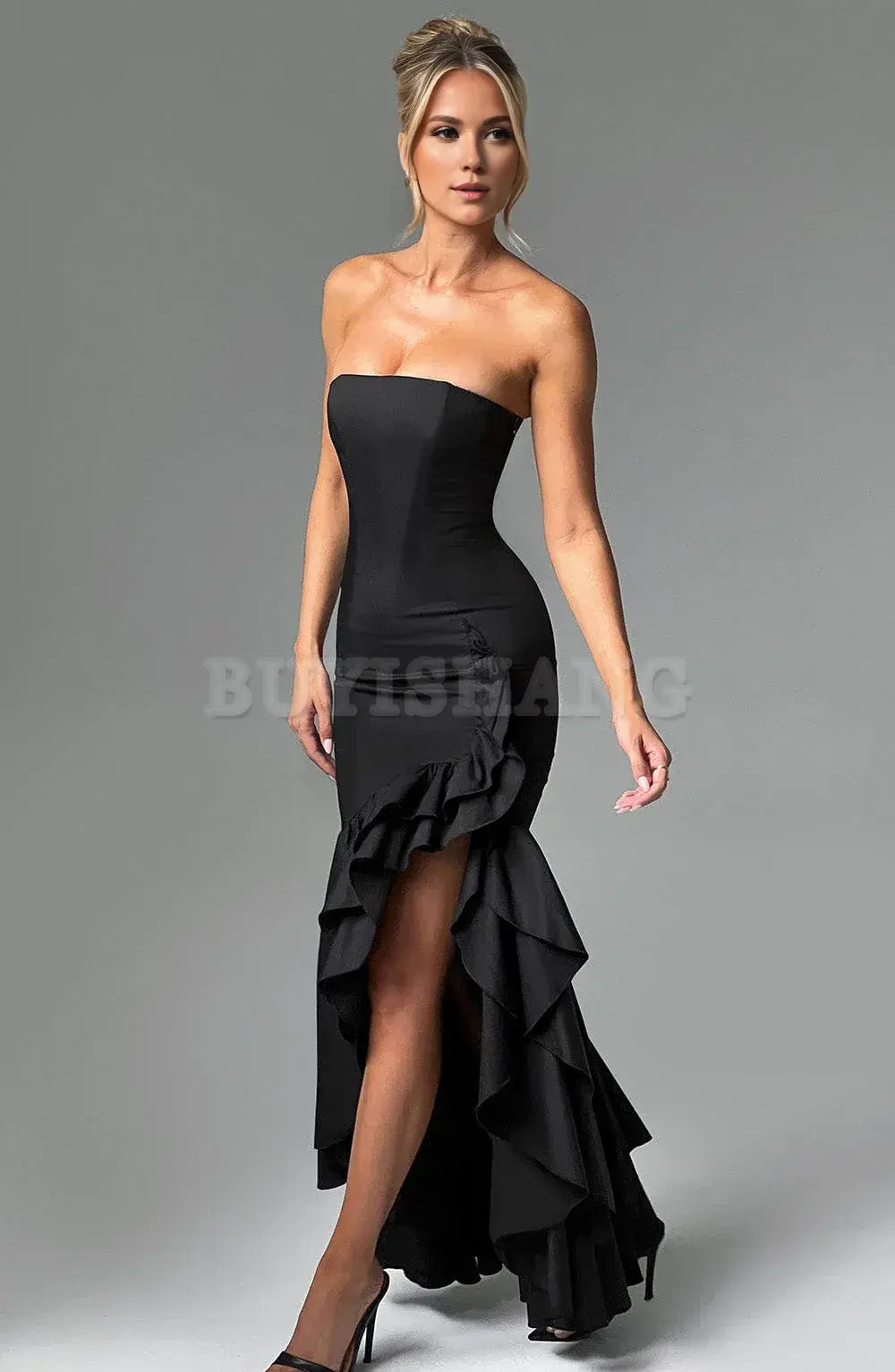 Buyishang Strapless Satin Prom Dress Ruffle Mermaid Wedding Dresses for Bride Long Corset Formal Evening Dresses with Slit