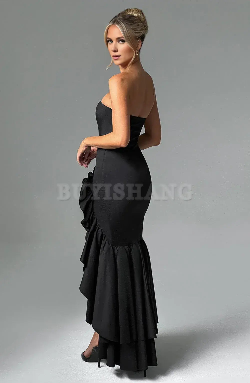 Buyishang Strapless Satin Prom Dress Ruffle Mermaid Wedding Dresses for Bride Long Corset Formal Evening Dresses with Slit
