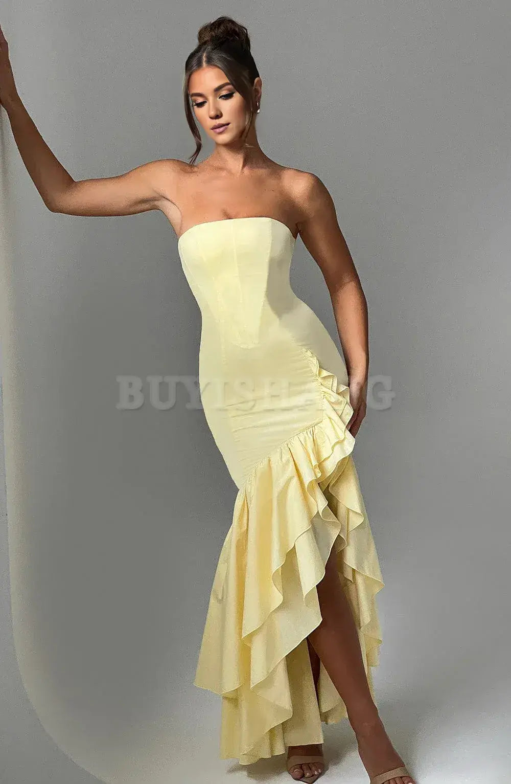 Buyishang Strapless Satin Prom Dress Ruffle Mermaid Wedding Dresses for Bride Long Corset Formal Evening Dresses with Slit