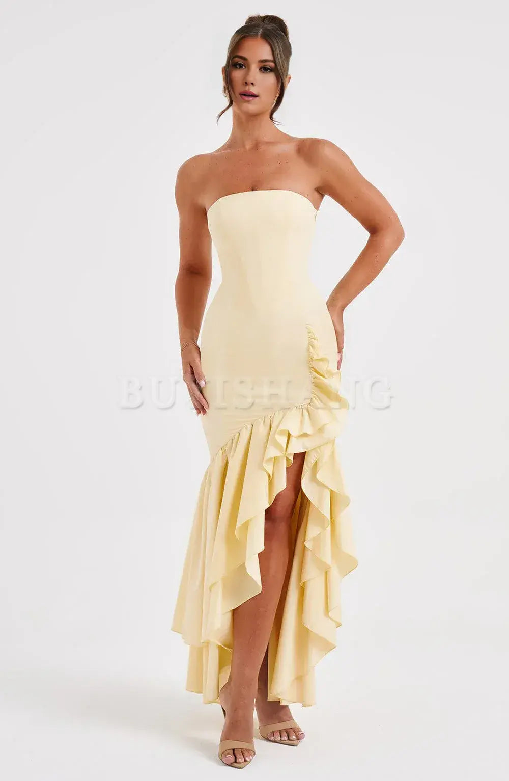 Buyishang Strapless Satin Prom Dress Ruffle Mermaid Wedding Dresses for Bride Long Corset Formal Evening Dresses with Slit