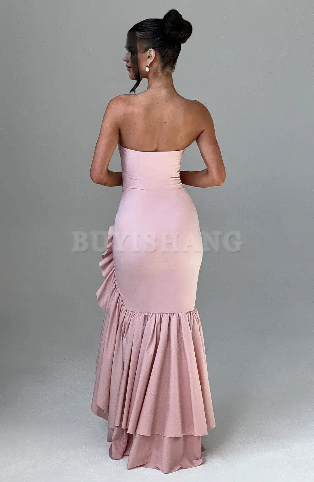 Buyishang Strapless Satin Prom Dress Ruffle Mermaid Wedding Dresses for Bride Long Corset Formal Evening Dresses with Slit