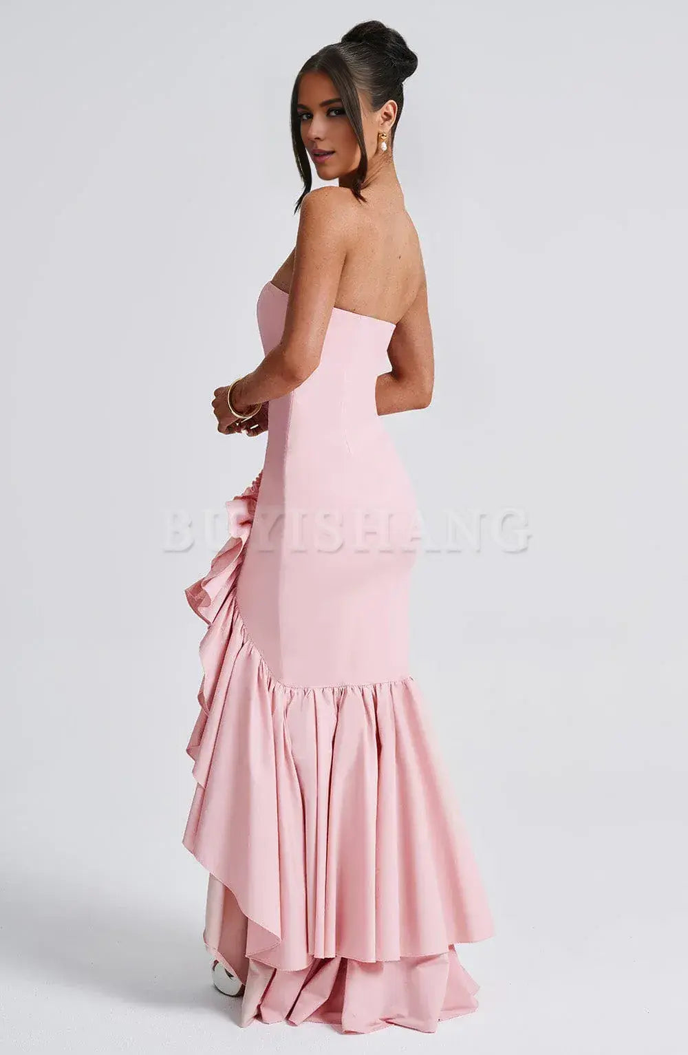 Buyishang Strapless Satin Prom Dress Ruffle Mermaid Wedding Dresses for Bride Long Corset Formal Evening Dresses with Slit