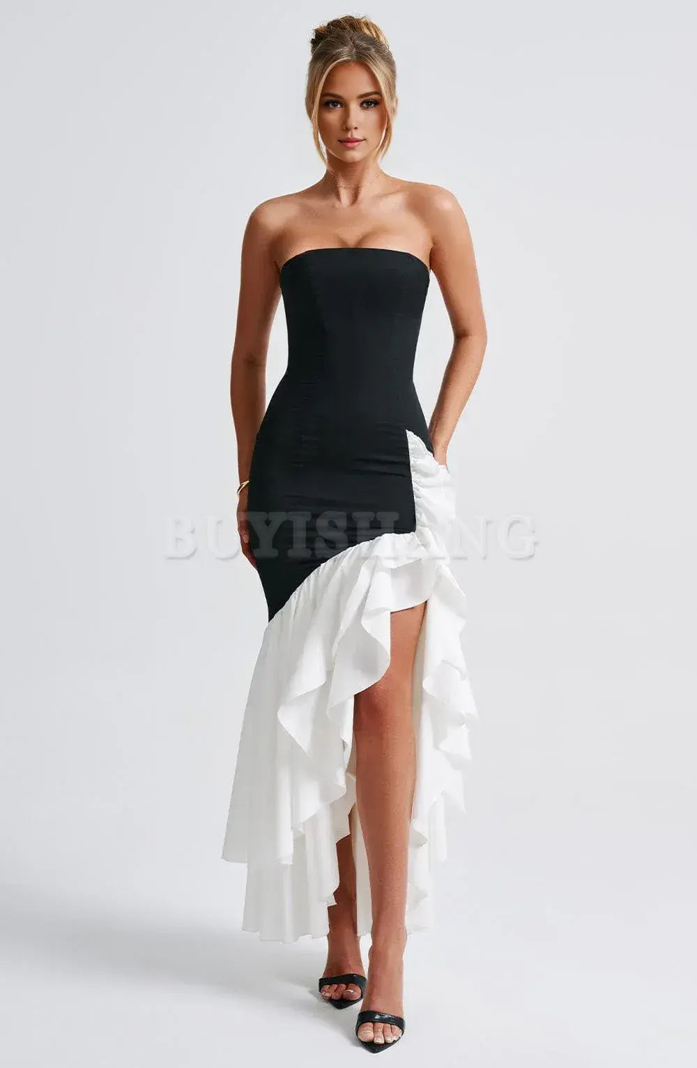 Buyishang Strapless Satin Prom Dress Ruffle Mermaid Wedding Dresses for Bride Long Corset Formal Evening Dresses with Slit