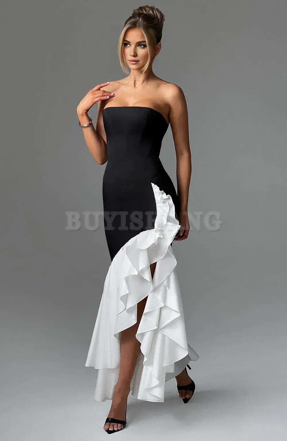 Buyishang Strapless Satin Prom Dress Ruffle Mermaid Wedding Dresses for Bride Long Corset Formal Evening Dresses with Slit