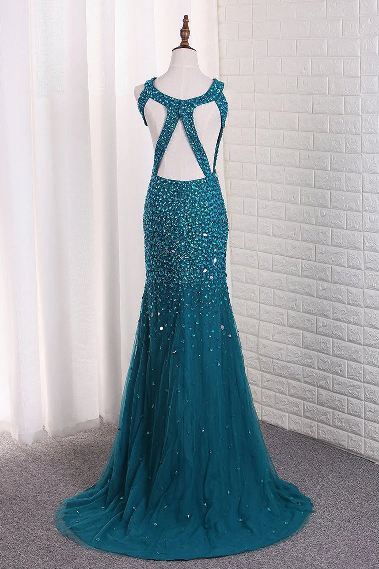 Mermaid Party Dresses Tulle With Beads And Slit Open Back