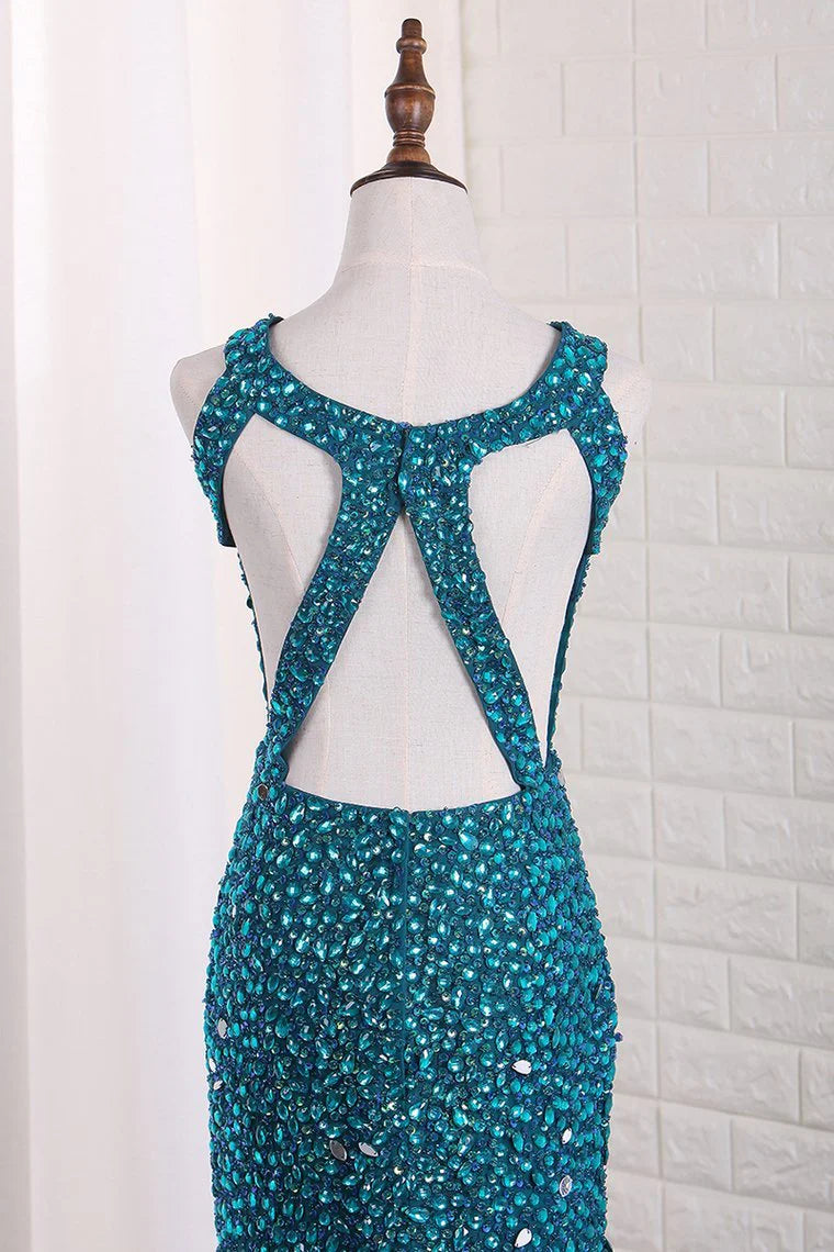 Mermaid Party Dresses Tulle With Beads And Slit Open Back