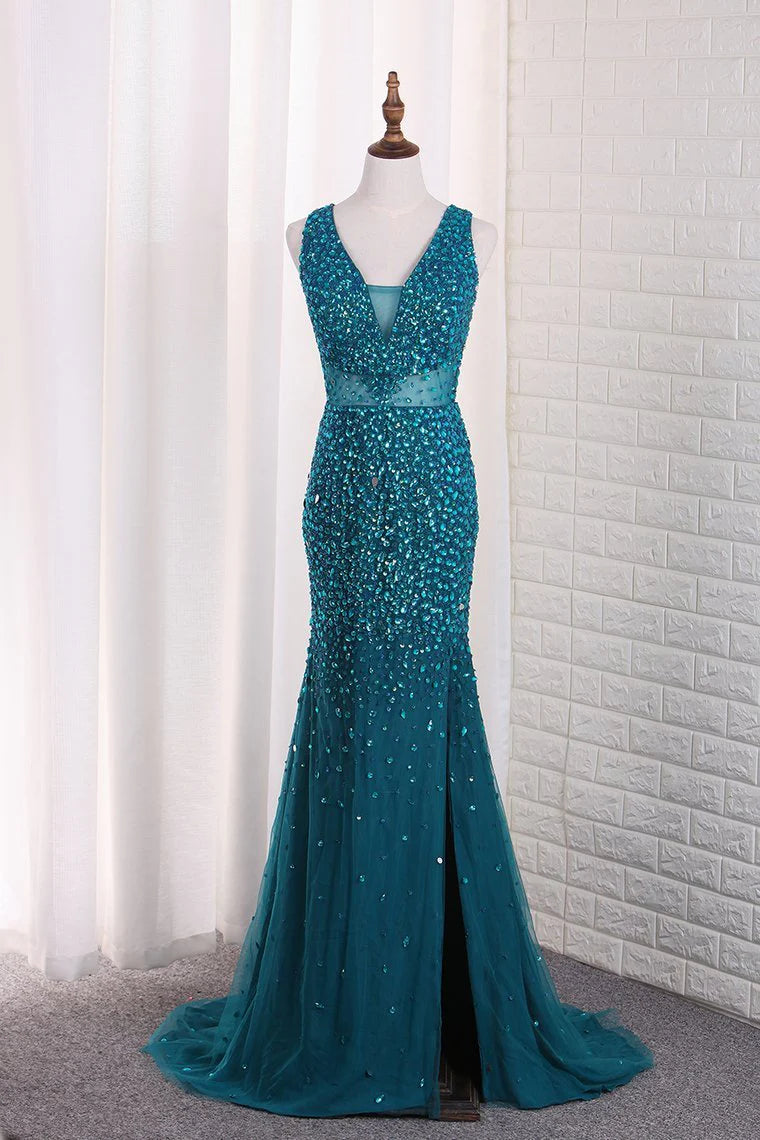 Mermaid Party Dresses Tulle With Beads And Slit Open Back