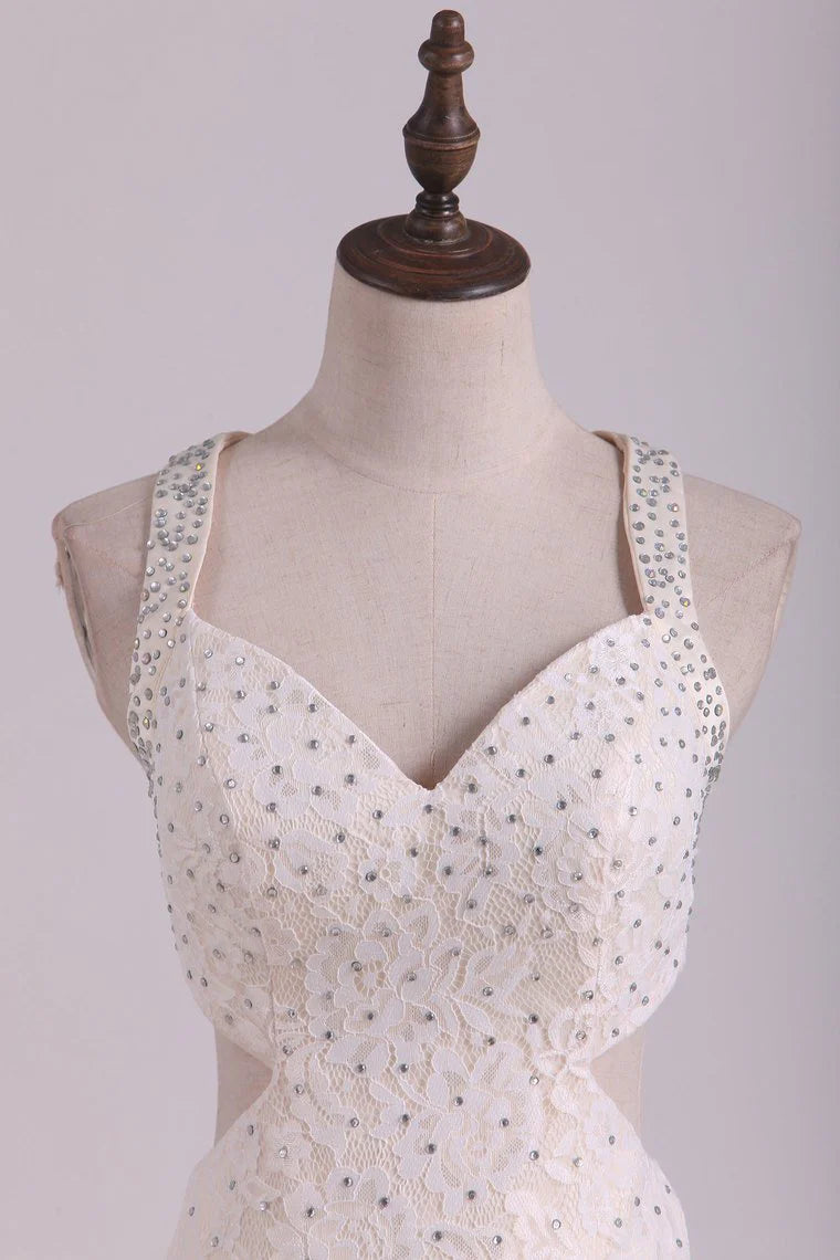 Straps Party Dresses Mermaid Lace With Beading Sweep Train Open Back