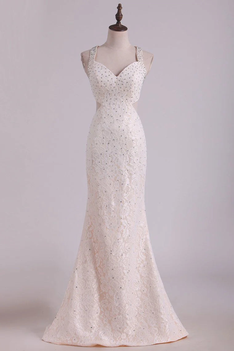 Straps Party Dresses Mermaid Lace With Beading Sweep Train Open Back