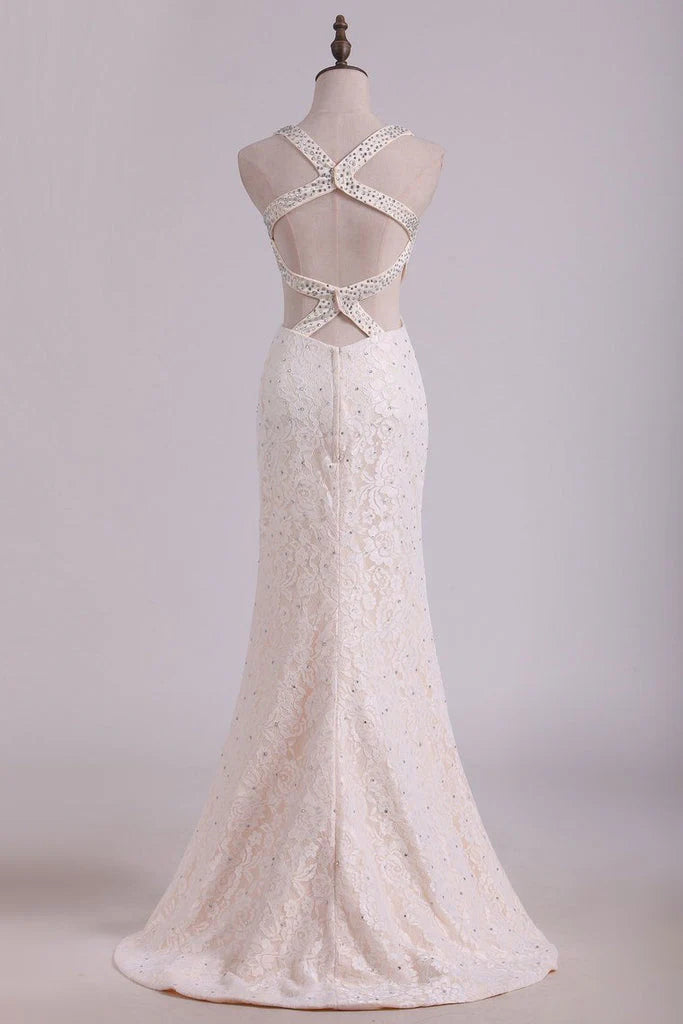 Straps Party Dresses Mermaid Lace With Beading Sweep Train Open Back