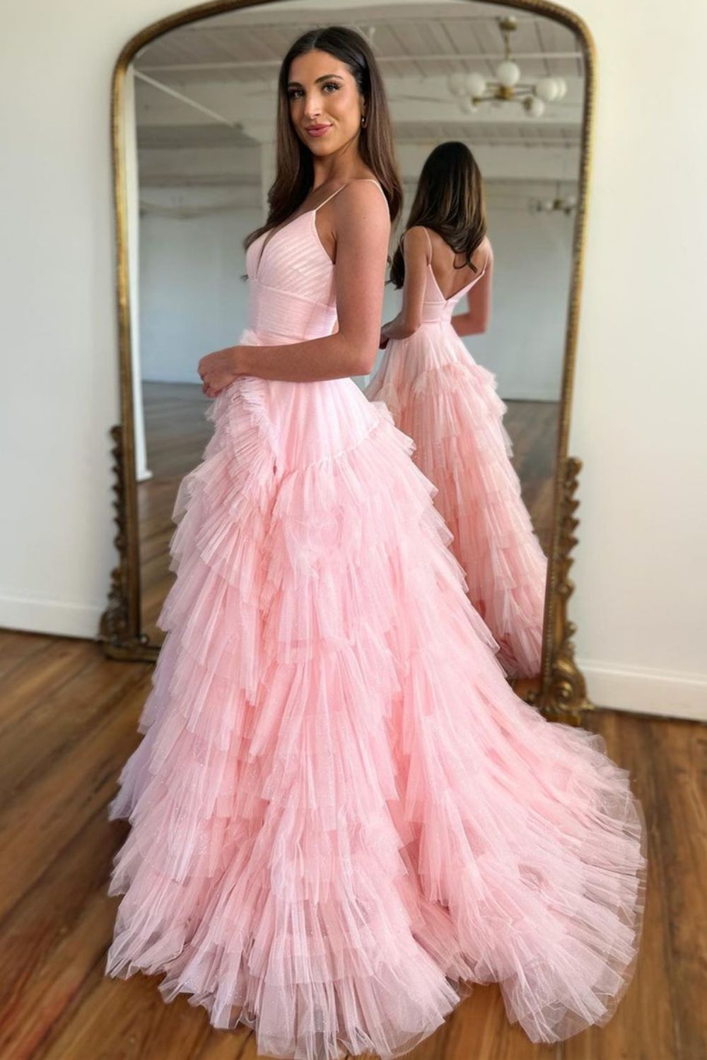 Princess A Line Spaghetti Straps Zipper Back Black Long Tulle Prom Dress