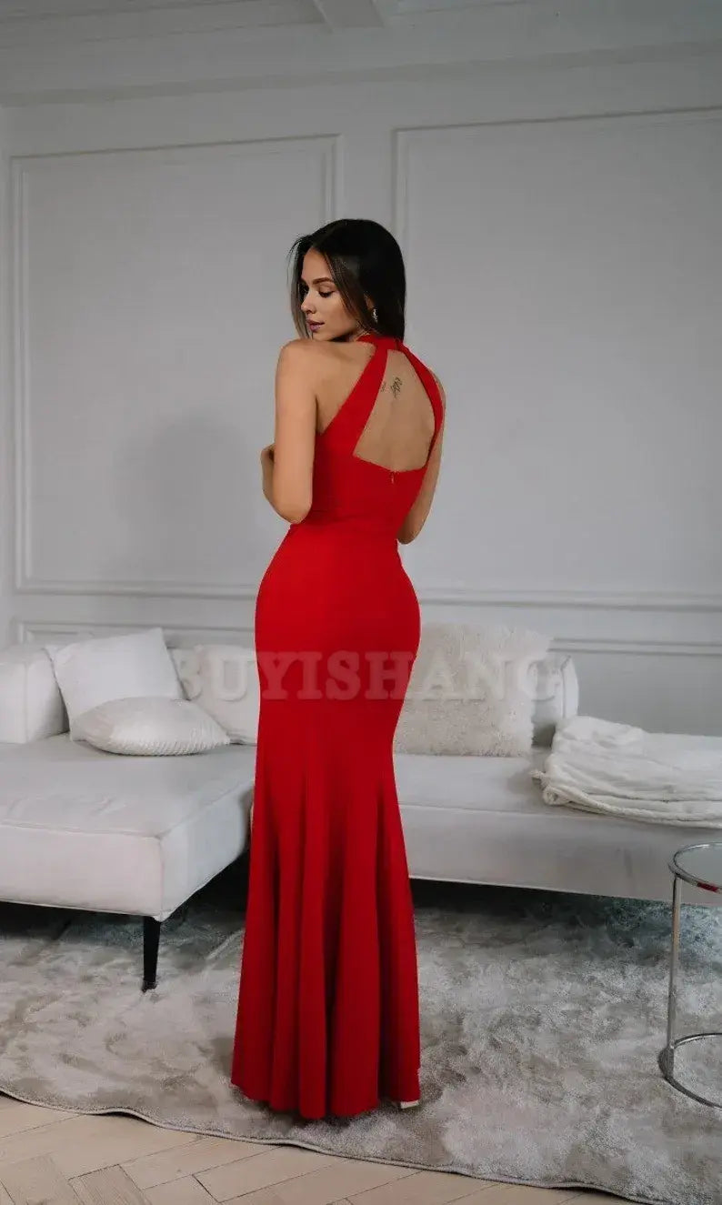 Buyishang Stunning Backless Bodycon Maxi Dress Perfect for Prom or Bridesmaids Red Bodycon Maxi Dress -Elegant Choice for Wedding guests or parties