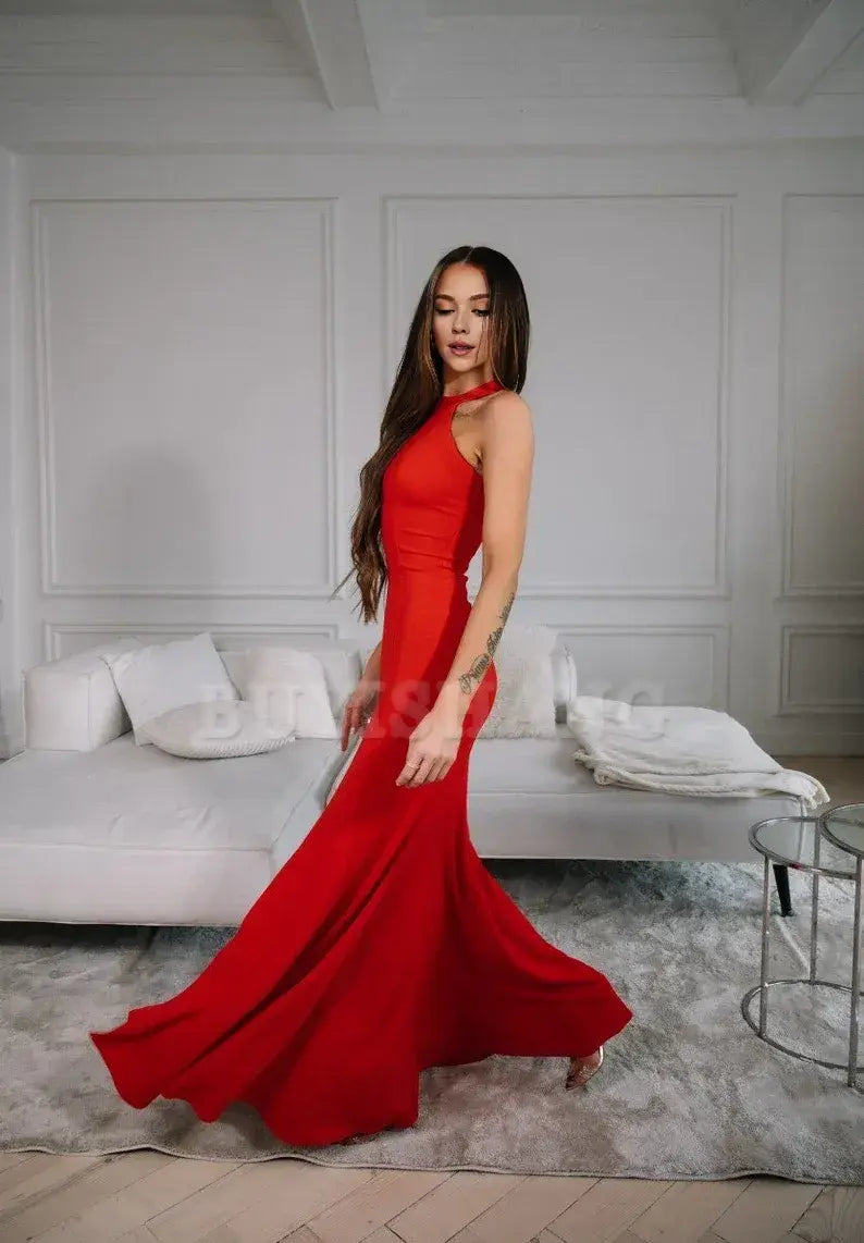 Buyishang Stunning Backless Bodycon Maxi Dress Perfect for Prom or Bridesmaids Red Bodycon Maxi Dress -Elegant Choice for Wedding guests or parties