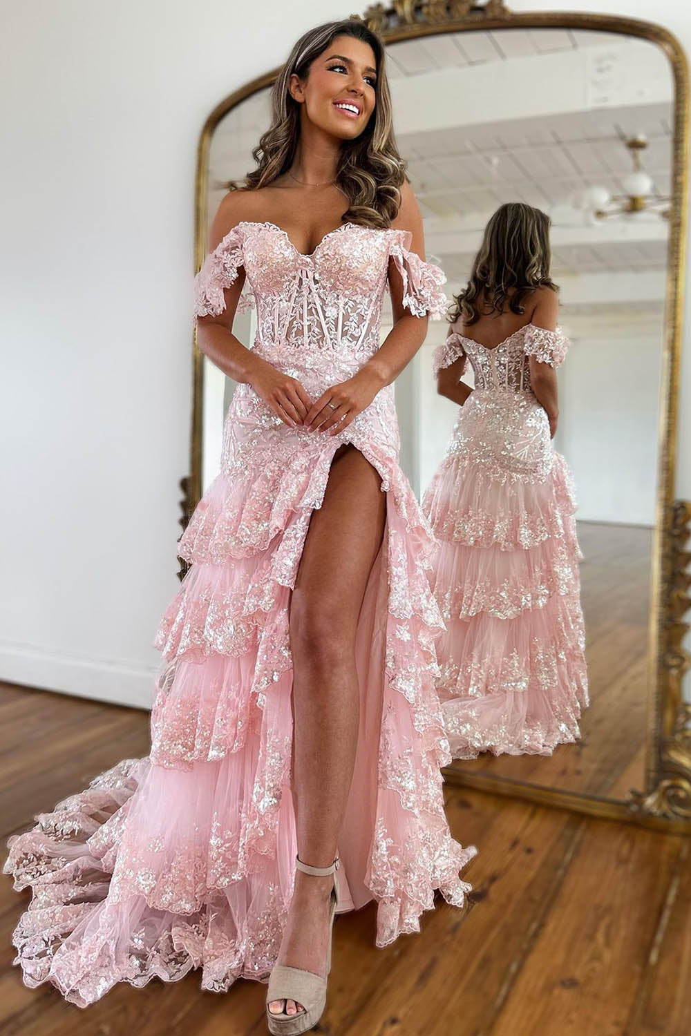 Sparkly Off The Shoulder Long Mermaid Prom Dress With Appliques And Split