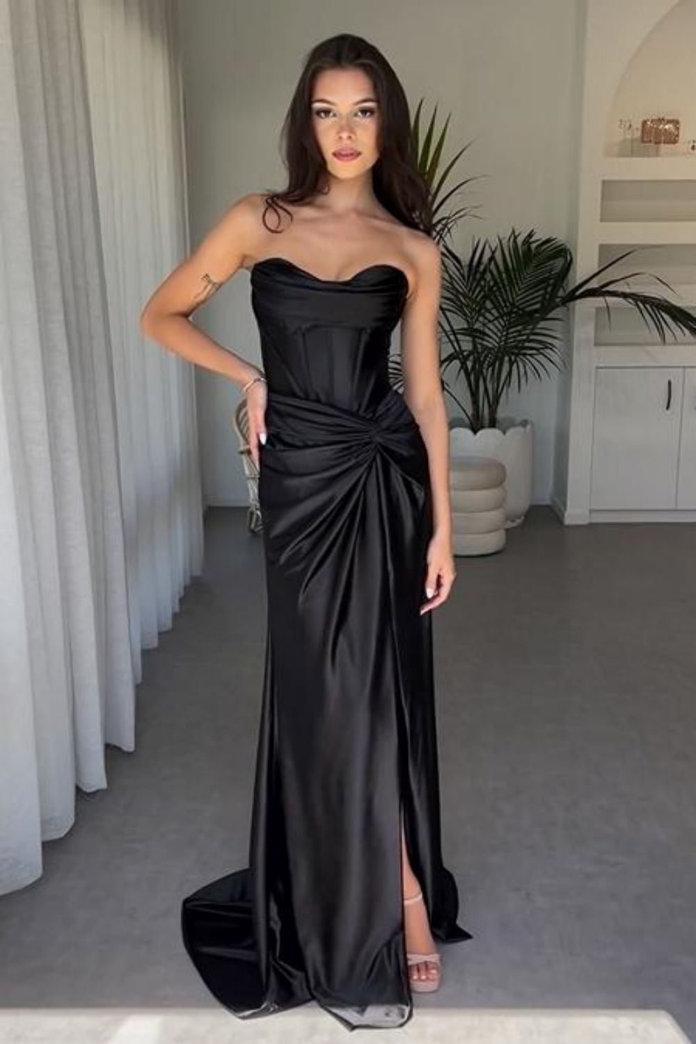 Stylish Mermaid Strapless Lace Up Long Satin Prom Dress With Split