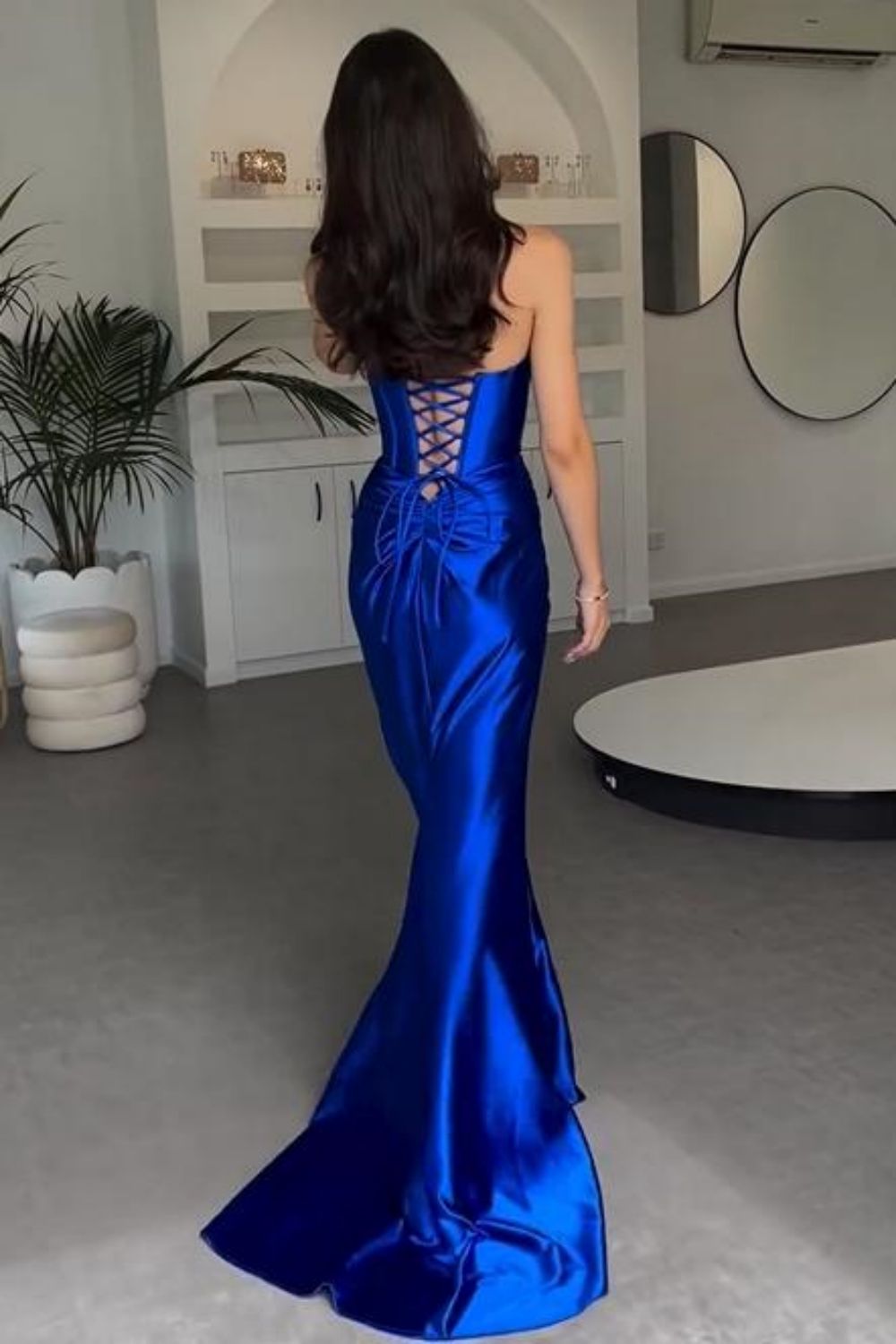 Stylish Mermaid Strapless Lace Up Long Satin Prom Dress With Split