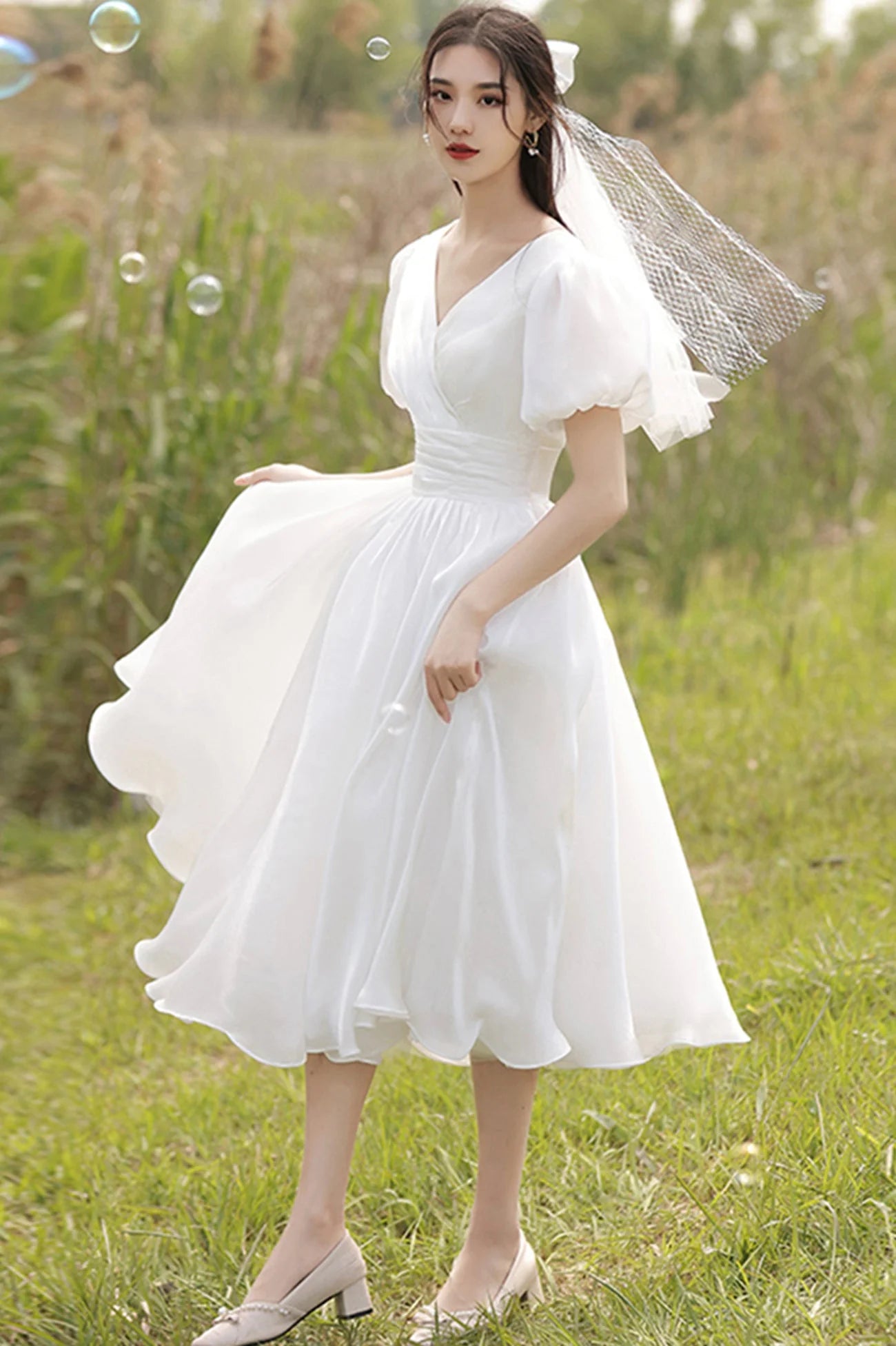 Sweet A-Line V-Neck Chiffon White Tea-Length Wedding Dress