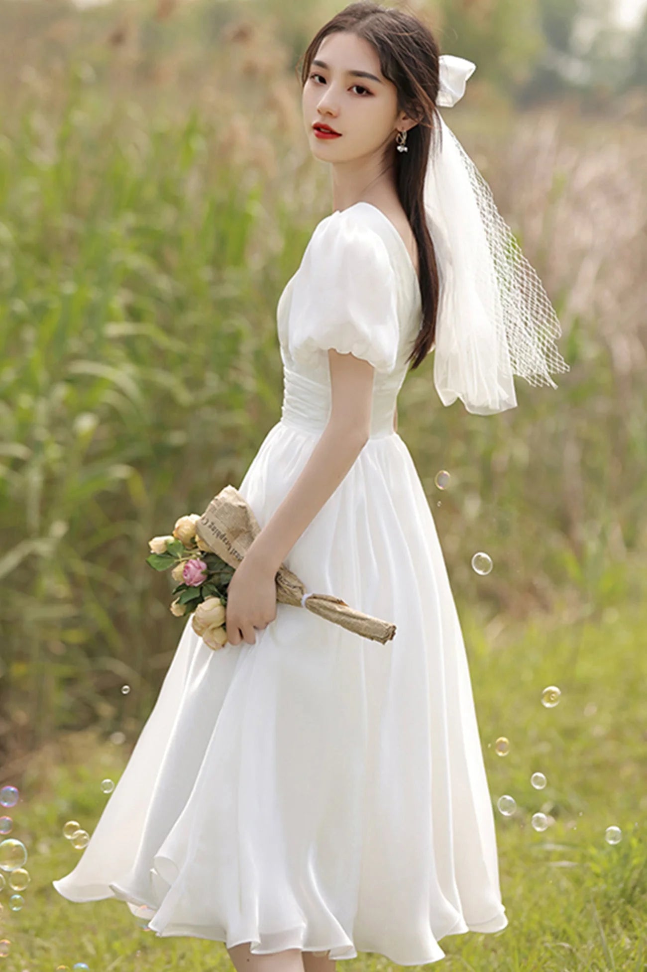 Sweet A-Line V-Neck Chiffon White Tea-Length Wedding Dress