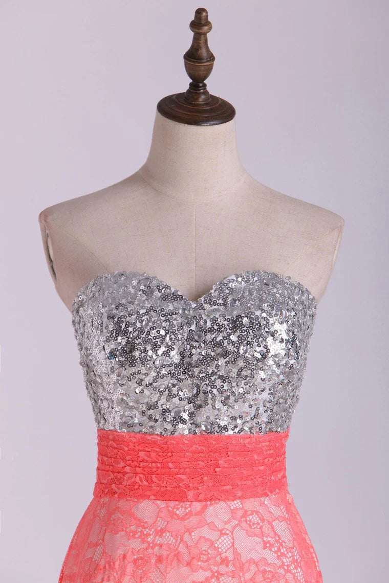 Sweetheart Party Dress Beaded Bodice Twist Back Straps With Lace Skirt