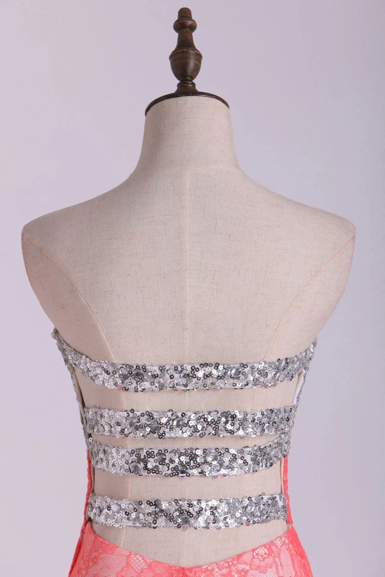 Sweetheart Party Dress Beaded Bodice Twist Back Straps With Lace Skirt