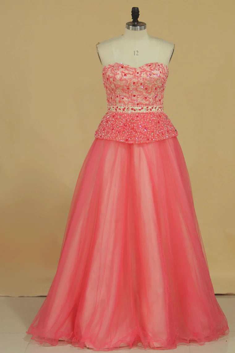 Sweetheart Party Dresses Beaded Bodice Floor Length A Line Tulle