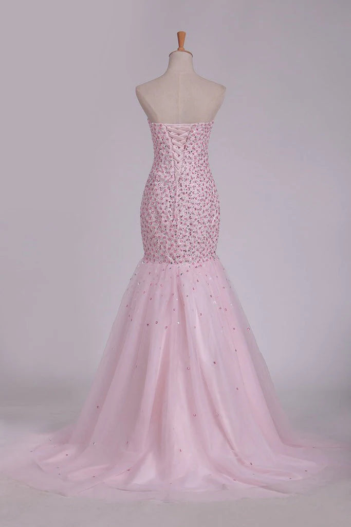 Sweetheart Party Dresses Beaded Bodice Mermaid Sweep Train Tulle