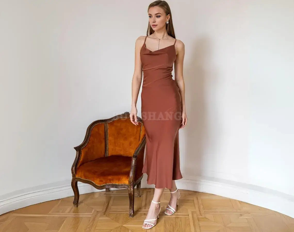 Buyishang Terra cotta dress Autumn bridesmaid dress Formal dress low back Cowl neck satin dress Satin dress woman Simple formal dress Chloe dress